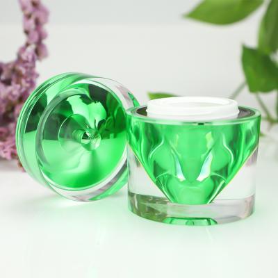 China Custom Green Double Wall Seal Acrylic Cosmetic Cream Packaging Round Plastic Jars 50g for sale