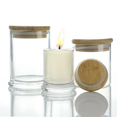 China OEM Style Custom Empty Round Clear Glass Candle Jars With Wooden Sealed Lip 70ml 100ml 200ml for sale