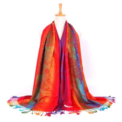 China High Quality Colorful Cotton Flowers Jacquard Scarf Cotton Pashmina Women Wraps Shawl Tassels Scarves for sale