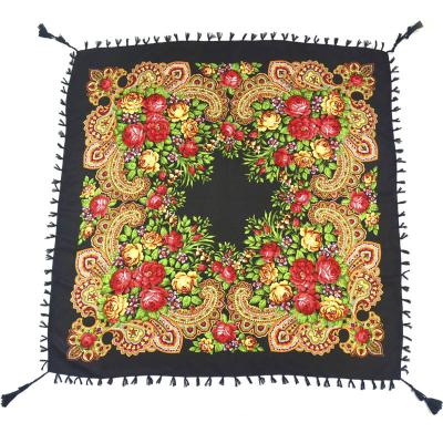 China Cotton Knotted Scarf Square Pattern Floral Shawl Retro Symmetrical Printing Fringed Central Asian Ethnic Pastoral Scarf for sale