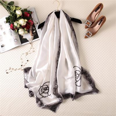 China New Camellia Silk Scarf European And border ink fashion ladies silk printing scarf large American simple silk shawl simulation for sale