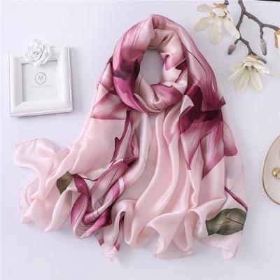 China New large floral silk scarf Four Seasons silk satin simulated silk soft and smooth large shawl printed floral scarf for sale