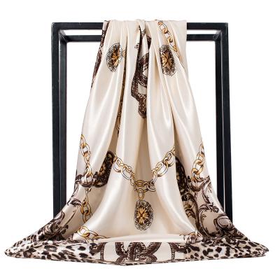 China European and American large brand square scarf leopard print metal silk emulation chain printing high-grade silk scarf emulation silk scarf for sale