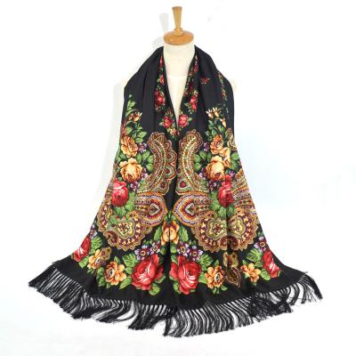 China Hot Sale Cotton Printed Ethnic Russian Large Size Color Fringed Rich Scarf Travel Scarf Shawl Scarf for sale