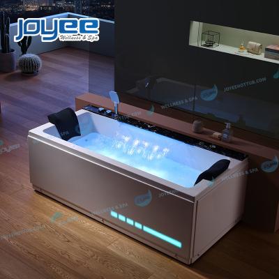 China JOYEE 2022 New Europe Marble Panel Design LED Stone Modern Luxury Waterfall Three Side Swirl Skirt Two Person Spas Massage Bath Tub for sale