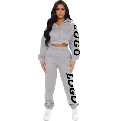 China Casual Solid Top Sports Anti-pilling Anti-pilling Custom LOGO Sleeve Zipper Fleece Hoodie Sweatpants Long Wear 2 Piece Crop Women's Two-Piece Set for sale