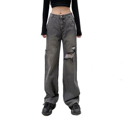 China Ladies Women Adults Breathable Jeans Pants Personality Hole High Waist Casual Straight Broken Plaid Slim Loose Spliced ​​Breathable Plaid Plaid for sale