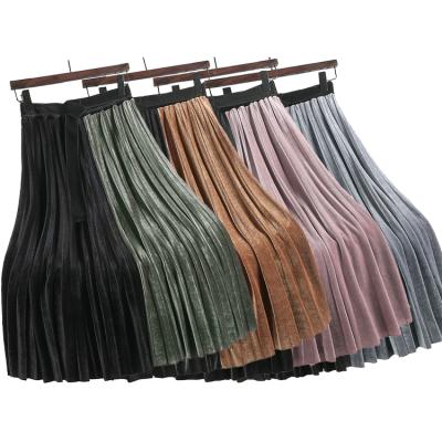 China New Fashionable Anti-Static Wholesale Autumn Winter Long High Waisted Middle Belt Pleated Skirt Contrast Color Velvet Gold for sale