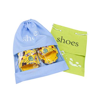 China Reusable Cotton Printed Logo Drawstring Shoe Dust Bag Tote Shoes With Clear PVC Window for sale