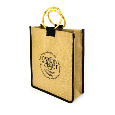 China Good Quality Bamboo Handled Handle Slogan Jute Bag For Packing for sale