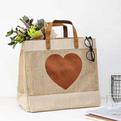 China Factory Custom Printing Burlap Shopping Bag Jute Handled Tote Bag Leather Handle For Natural Promotion for sale