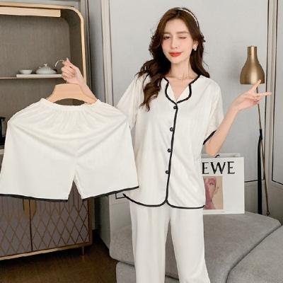 China QUICK DRY 3pcs Set Summer Wholesale Adult Shorts Stripe Print Loungewear Pants Women's Cardigan Pajamas Nightgown Sleepwear Suit For Women for sale