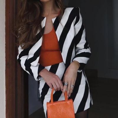 China 2 Pieces Anti-pilling 2022 New Summer Women Set OL Mini Skirts Office Outfits Women Striped Skirt Set And Long Sleeve Tops With Blazer for sale