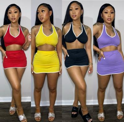 China Anti-pilling 2022 Hot Summer Halter Top and Skirt Set Women Crop Top Mini Skirts Two Piece Set Teams 2 Piece Mini Skirt Set For Woman for sale