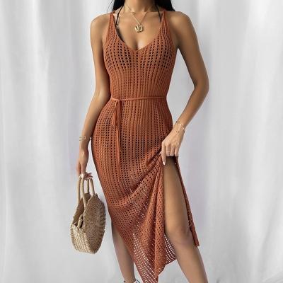 China 2022 Breathable Women Knitted Hollow Deep V Neck Dress Beach Blouse Knit Crochet Beach Dresses Bikini Fits Cover-UPS Crochet Cover Ups for sale