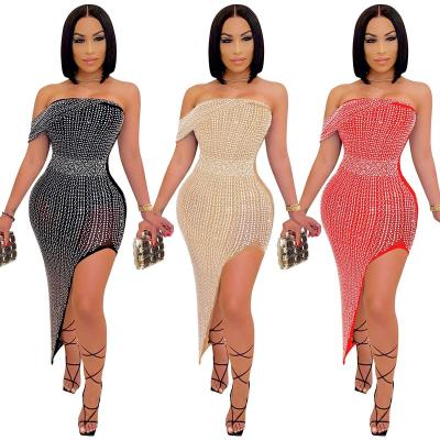 China 2022 Latest Design Breathable Solid Color Shiny High One Shoulder Sequin Dress Dresses Split Maxi Women Evening Dresses Full Length for sale