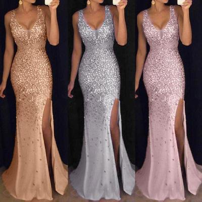 China Breathable Women's Sequined Prom Evening Dresses Sexy Even Women's Ball Gown Gold V-Neck Bridesmaid Evening Party Dress Elegant Long Dress for sale