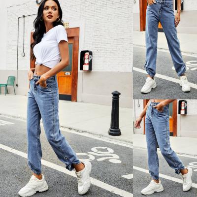 China Fashionable Antibacterial 2021 Autumn New Arrives Hot Selling Style High Waist Casual Button Loose Straight-leg Jeans For Women for sale