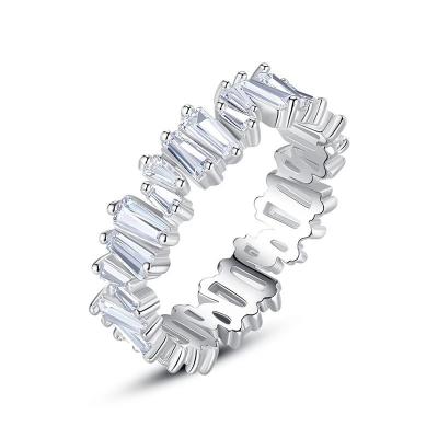 China Europe and America 925 Sterling Silver Women's Simple Baguette Tennis Ring Iced Out CZ Diamond Stackable Finger Ring for sale