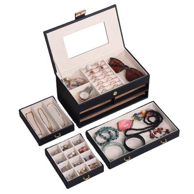 China Elelgent Organizer Manufacturer Wholesale Earring Ring Necklace Organizer Velvet Jewelry Storage Customized PU Leather Jewelry Box for sale