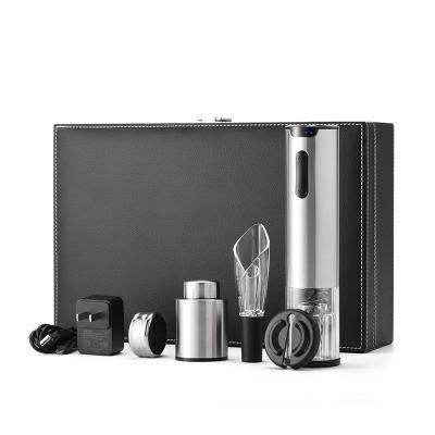 China Sustainable Multifunction Rechargeable Electric Luxury 5 in1 Wine Opener With Leather Box for sale