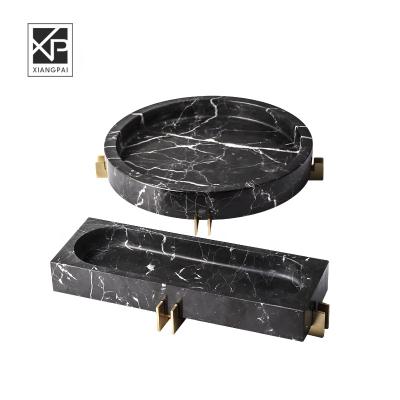 China New Design White Round Trays Brass Marble Stone Decor , China Decorative Marble Serving Trays SP050904 for sale