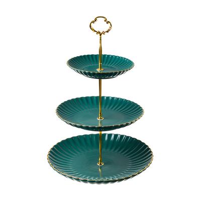 China 3 Tier Sustainable Gold Rim Colored Ceramic Cakecup Stand Set Tiered Cake Tier Stand Serving Trays for sale