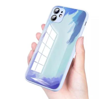 China Anti-fall Watercolor Gradient Tempered Glass Phone Case For Iphone 12 Pro Soft Silicon 11 Mobile Phone Case for sale