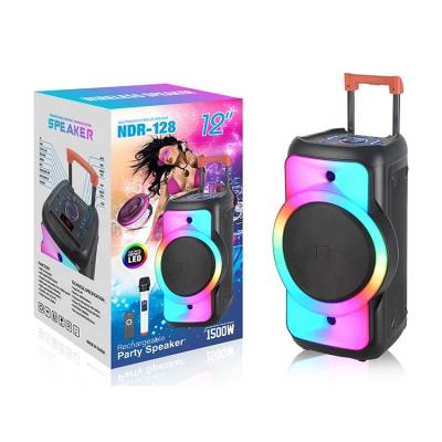 China Powerful 12 Inch Rechargeable BT Speaker LED Blinking Light NDR Big Trolley Stage Party Speakers Dicso RGB Light Mobile Karaoke Players for sale