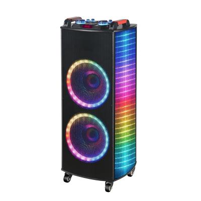 China Dual 12 Inch 100W LED Flashing Light NDR Indoor Outdoor Rechargeable Portable PA Speaker Wooden Cart KTV Karaoke with Two Wireless Mics for sale