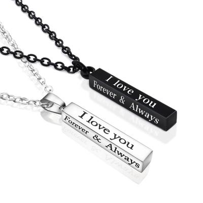 China 2020 TRENDY Trendy Silver and Black Couple I Love You Engraved Vertical Bar Pendant Custom Necklace for sale