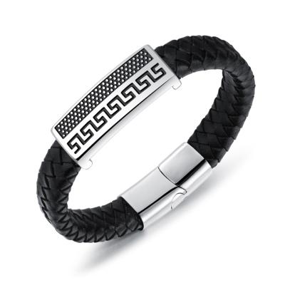 China FASHIONABLE Stylish Black Woven Stainless Steel Retro Cube Men's Simple Plating Jewelry Leather Bracelet for sale