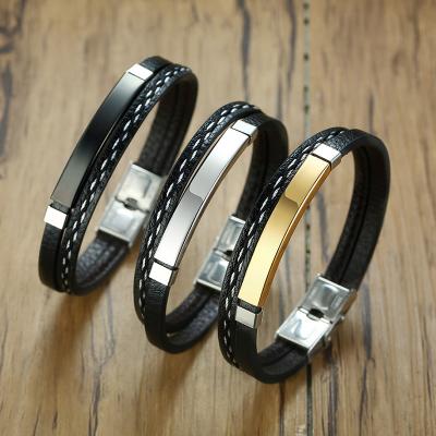 China FASHIONABLE Wholesale 3 Color Men's Stainless Steel Magnet Leather Bracelet for sale