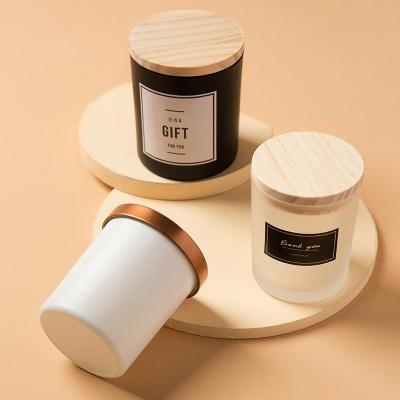 China Wooden lid Matte Glass Jar candle jar black and white opaque empty transparent glass candle jar for sale