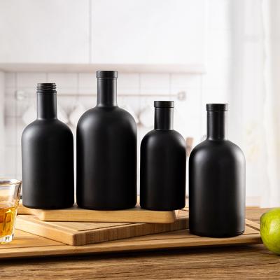 China Liquor 750ml 25oz Round Black Frosted Glass Bottle Vodka Bottle Spirits Alcohol Glass Bottle for sale