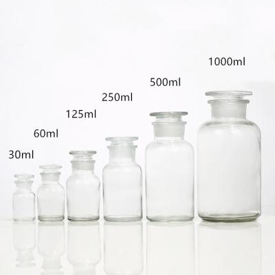 China 30ml 60ml 125ml 250ml 500ml Viable Clear Wide Mouth Apothecary Glass Jar With Stopper for sale