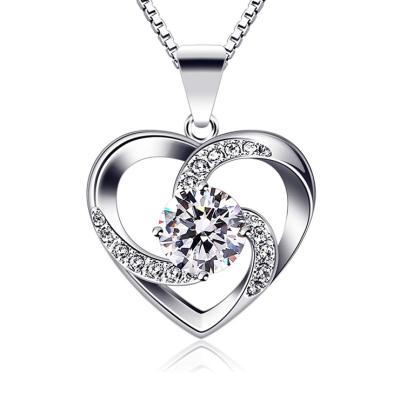 China Romantic Birthstone Pave Diamond Hollow Heart Shape Pendant Charm White Gold Plated Blue Zircon 925 Silver Necklace For Women for sale