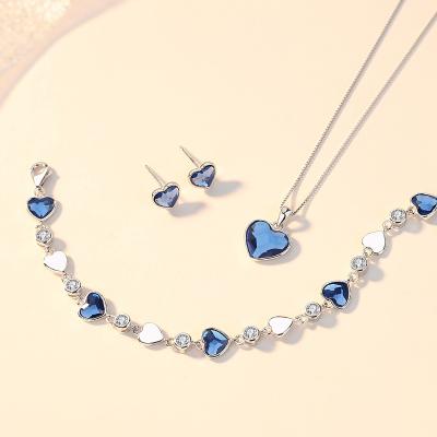 China High quality halsketten blue crystal necklace 925 sterling silver rhinestone earring bracelet necklace bridal jewelry heart set with swarov for sale