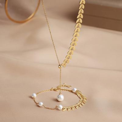 China 2022 New TRENDY 925 Sterling Silver Women's 18K Gold Jewelry Suit For Plated Imitation Wheat Pearl Adjustable Bracelet Necklace Set for sale