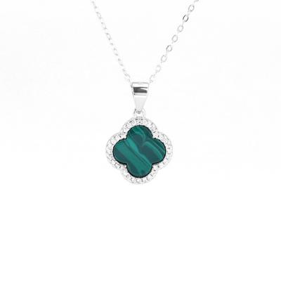 China FASHIONABLE Wholesale CZ Malachite Agate Gemstone CZ Diamond Necklace 925 Sterling Silver Four Leaf Clover Charms Pendant Necklace For Girls for sale