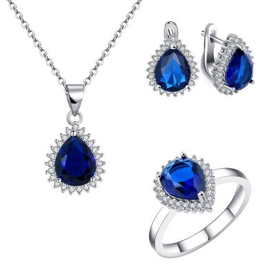 China Real 925 Sterling Silver Wholesale Nickel Free Synthetic Soild Sapphire Zircon Necklace Crystal Earrings Ring Bride Wedding Jewelry Set for sale