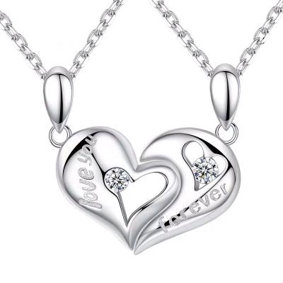 China Lasting Inspiration Design 925 Sterling Silver Cubic Zirconia Diamond Couple Half Hearts Magnetic Pendant Necklace For Lovers for sale