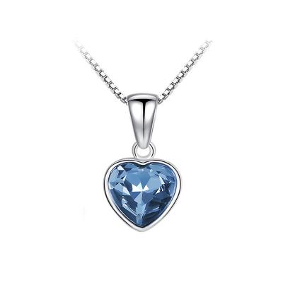 China 925 Sterling Silver Love Heart Rhinestone Necklace Quartz Heart Charm Women Pendant Necklace Elegant Sterling Blue Crystal Lead Free Nickel Free Shape for sale