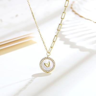 China Durable Asymmetry Chain 14K Gold Plated Pure Soild 925 Sterling Silver Butterfly Coin Pearl Pendant Necklace For Girls for sale