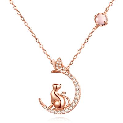 China Beautiful Lead Free Cat And Butterfly Cubic Zirconia Choker 925 Sterling Silver Nickel Free Rose Gold Plated Crescent Moon Pendant Necklace With Pink Opal for sale