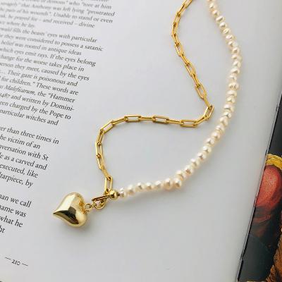 China Non-fading 18k Gold Plated Asymmetric 925 Pure Natural Pearl Necklace Chain Heart Pendant Silver Charm Necklace For Women for sale