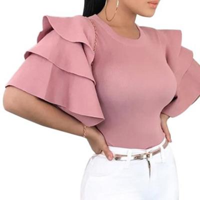 China New Top Breathable Fashion T-shirt Ruffle Sleeve Design Ladies Crew Neck Polyester Shorts for sale