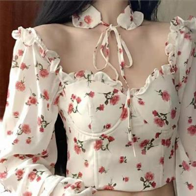 China New Printing Soft Fungus Edge Crop Top Navel Full-Length Women's Chiffon Breathable Shirt for sale