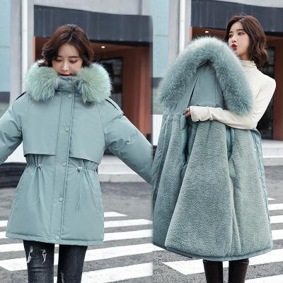 China New Sustainable Winter Hooded Midi Jacket Cotton-Padded Cargo Long Loose Down Thick Parka Coat For Women for sale