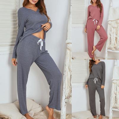 China Summer Breathable Loose Pajamas Solid Color Girls Plus Size V Neckline Women Home Wear Sets for sale